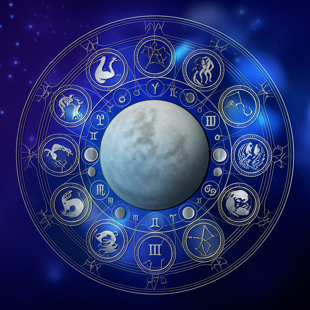 Загадочное изображение, на котором Луна освещает 12 знаков зодиака, демонстрируя влияние лунные дни по знакам зодиака.
