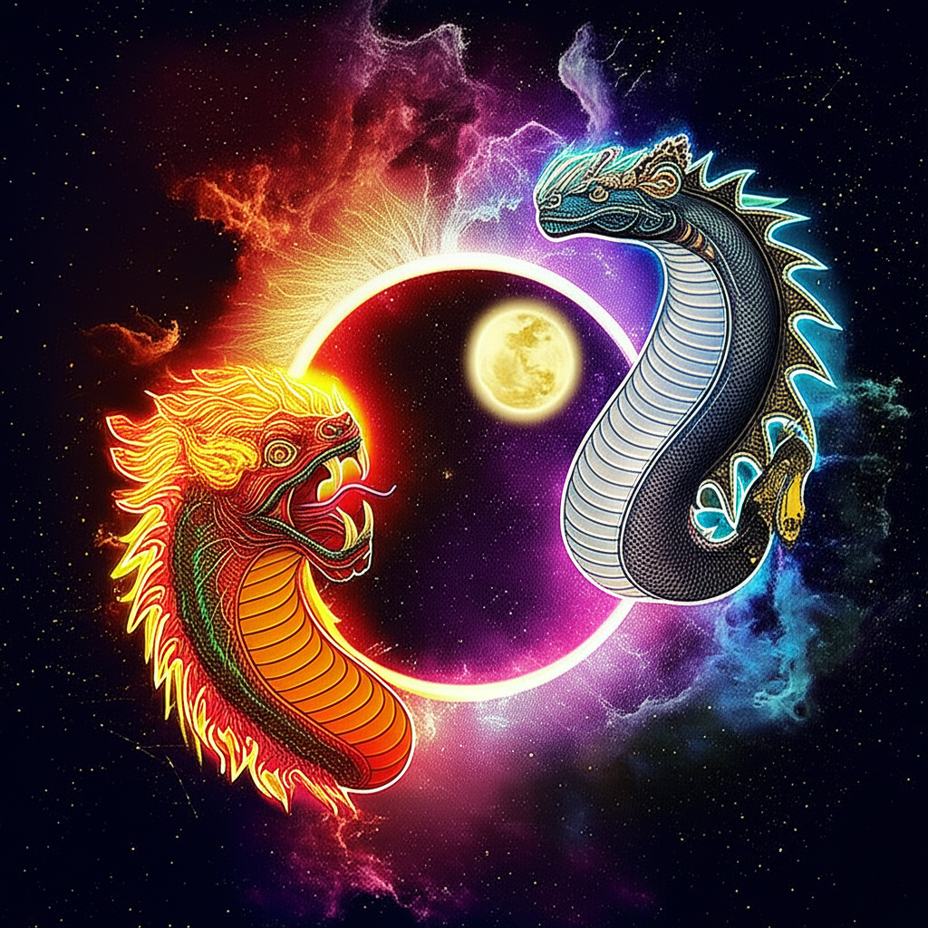 Мистическая иллюстрация, изображающая космический танец, символизирующий лунные узлы Раху и Кету, с огненной головой Раху, стремящейся к материальному, и эфирным хвостом Кету, указывающим на духовное освобождение.