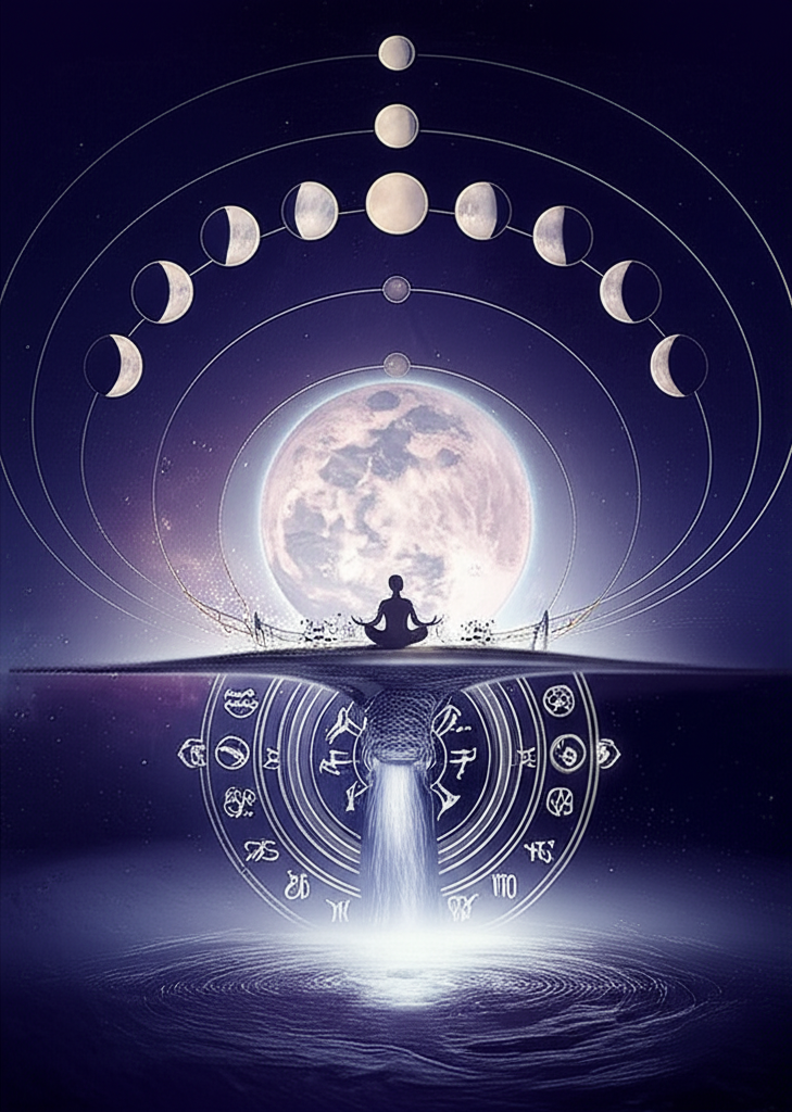 Завораживающее изображение Луны с символами лунных фаз и знаков зодиака, иллюстрирующее влияние лунного календаря на сегодня.