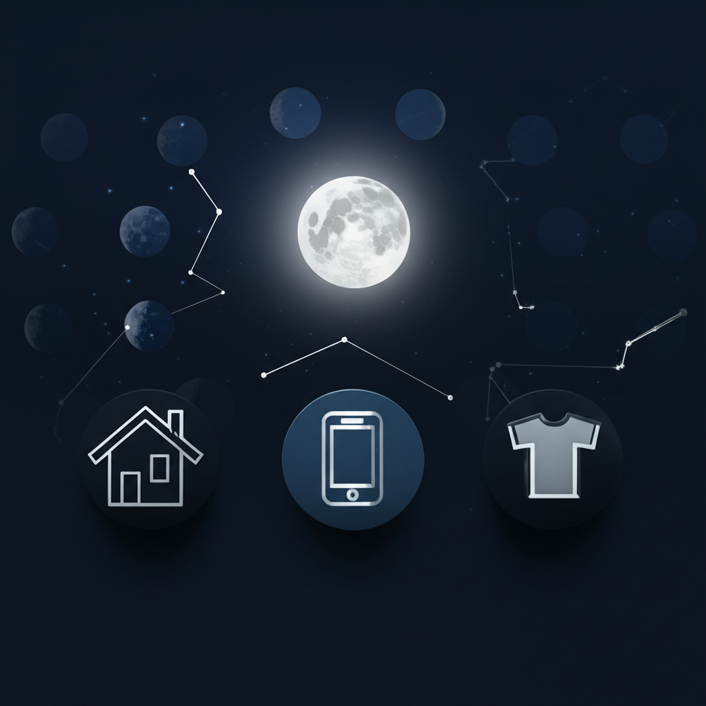 Стильный и современный лунный календарь покупок с иконками товаров на фоне ночного неба.