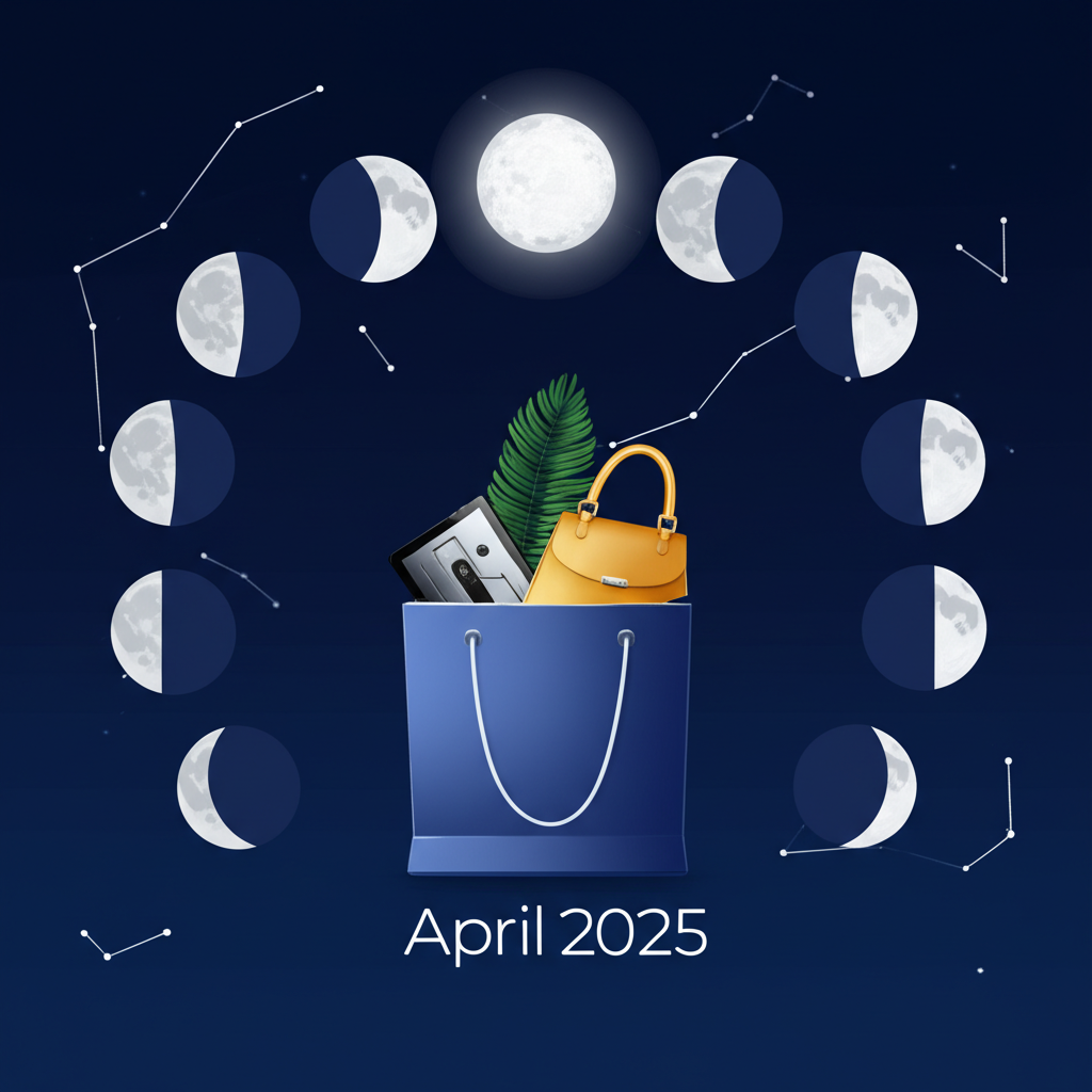 лунный календарь покупок на апрель 2025 с изображением фаз луны и товаров