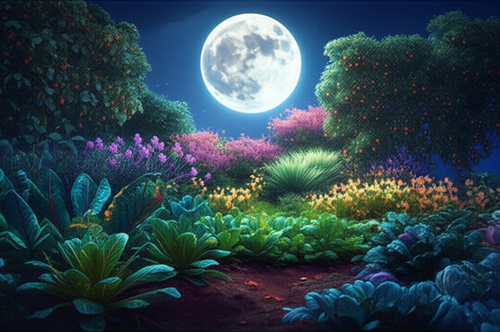Изображение пышного огорода под полной луной, символизирующее влияние лунного календаря посадки растений на урожай.