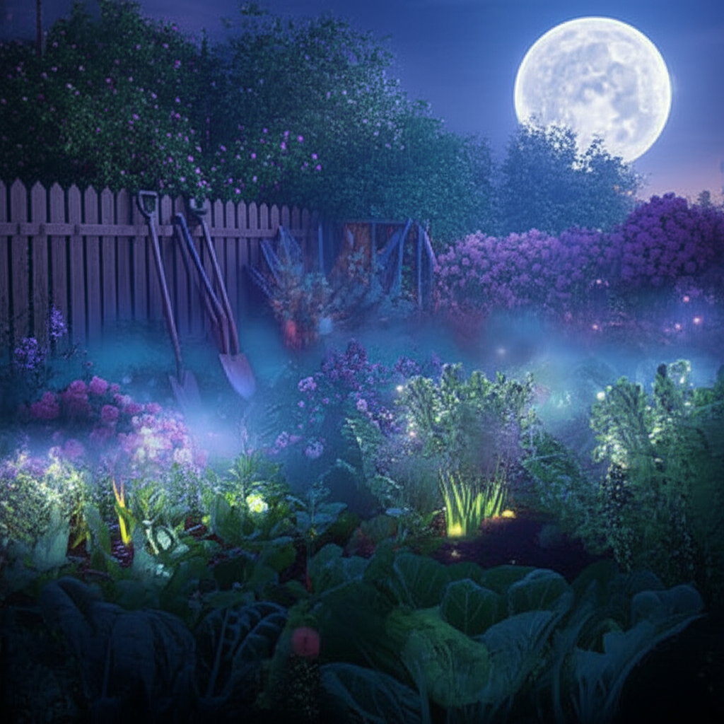 Завораживающий вид на сад под лунным светом, иллюстрирующий принципы лунного календаря посадок.