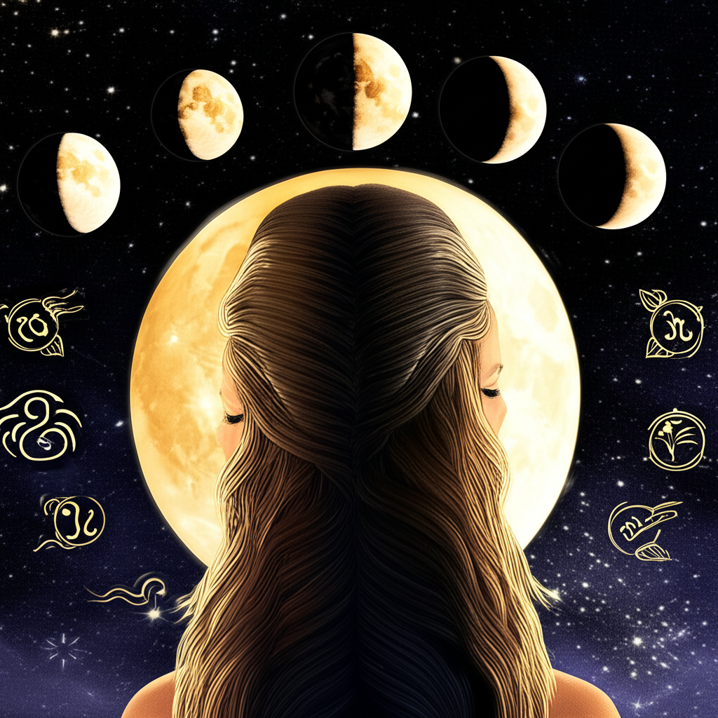 Изображение демонстрирует женщину с красивыми, здоровыми волосами на фоне меняющихся фаз луны и зодиакальных символов, иллюстрируя концепцию лунного календаря стрижек.