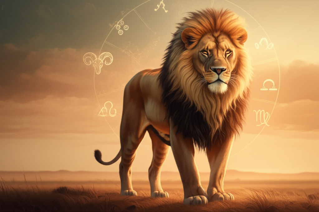Величественная львица в паре с другими знаками зодиака, символизирующими совместимость, на фоне заката в саванне.