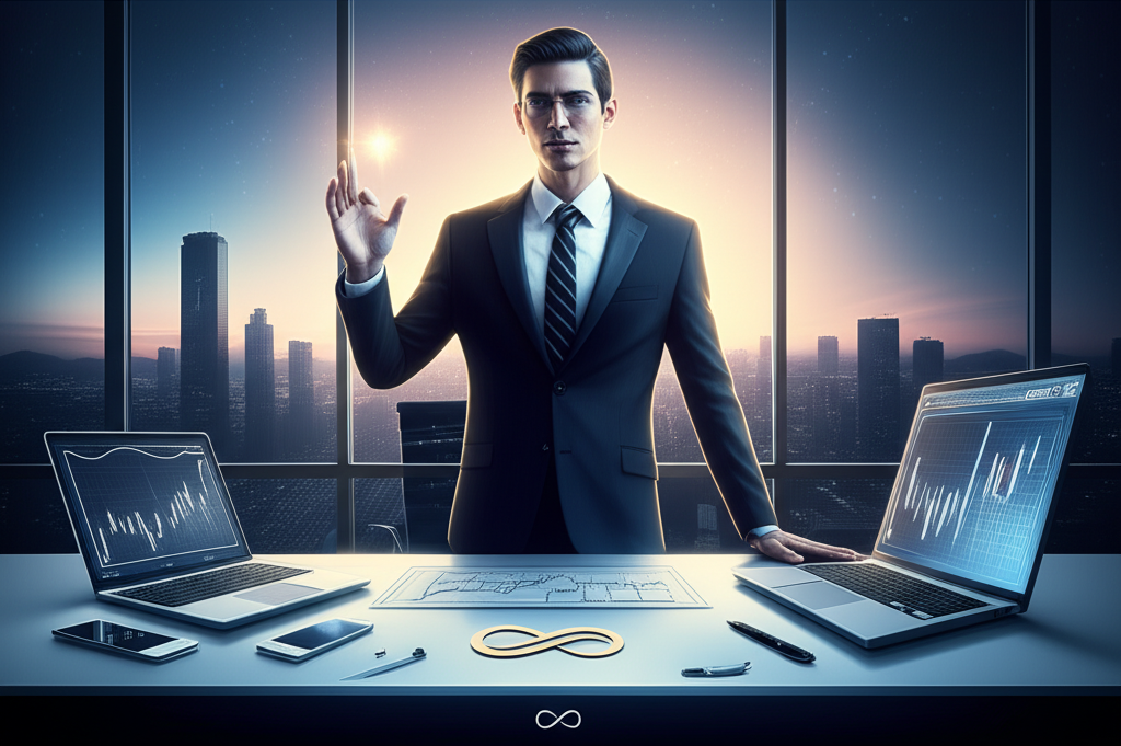 Динамичное изображение Мага Таро в бизнес-контексте, демонстрирующее предпринимателя, проявляющего мастерство и инициативу, что отражает глубокое значение карты Маг в Таро на бизнес.