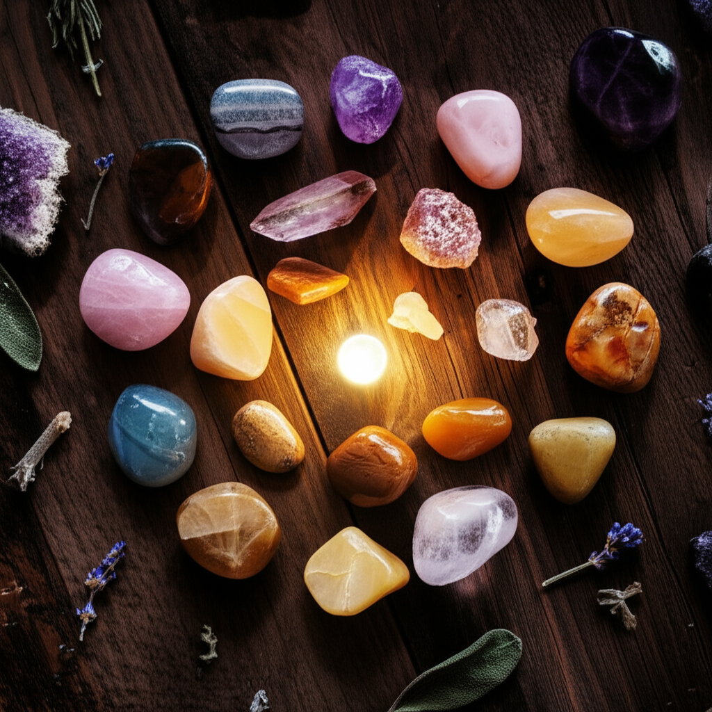 Магия камней в действии: кристаллы аметиста, кварца и цитрина лежат на столе, излучая мягкий свет.