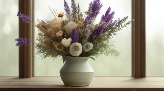 Элегантный букет из сухоцветов в рустикальной вазе, демонстрирующий Магия сухоцветов в интерьере.
