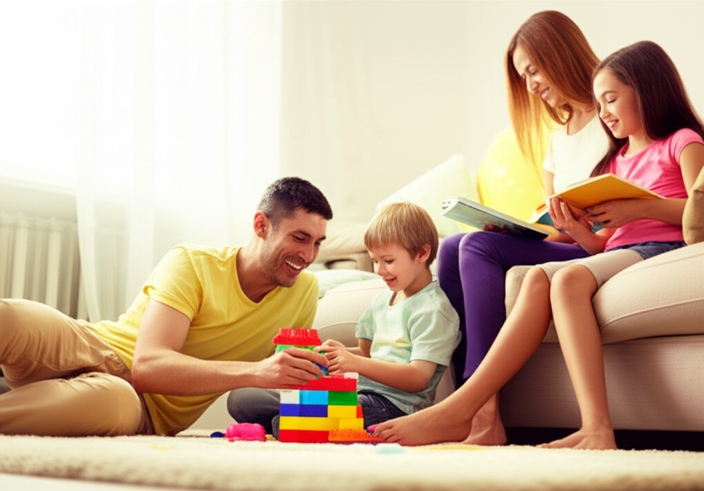 Мальчишки девчонки родители: счастливая семья проводит время вместе, демонстрируя гармоничные отношения