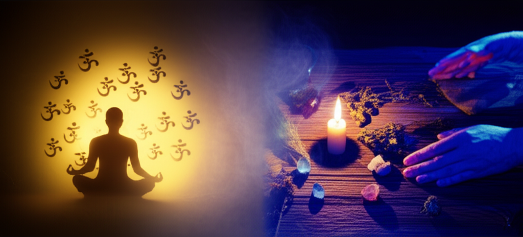 Стилизованное изображение, иллюстрирующее мантры и колдовство через контраст духовной практики и ритуала.