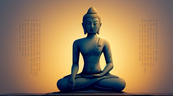 Медитирующий человек в окружении сияющих буддийских мантр, символизирующих покой и духовное развитие.
