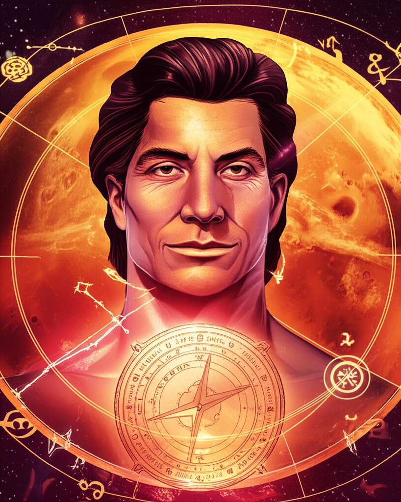 Мужчина в задумчивой позе с символикой Марса на фоне звездного неба, представляющий аспекты Марса в астрологии для мужчин и их влияние на мужественность и силу воли.