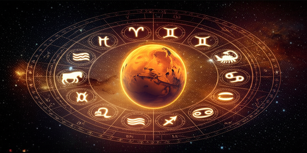 Изображение планеты Марс, окруженной зодиакальными символами, символизирующее влияние Марса в знаках Зодиака на личность и действия человека.