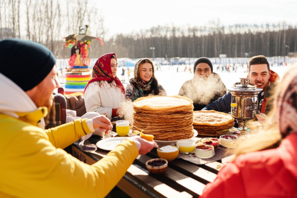 Веселое празднование масленица 2025 на свежем воздухе с блинами и традиционными гуляниями.
