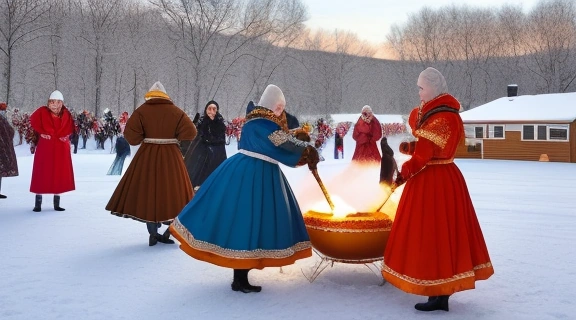 Масленица 2026: Семейное празднование с блинами и народными гуляниями на фоне чучела.