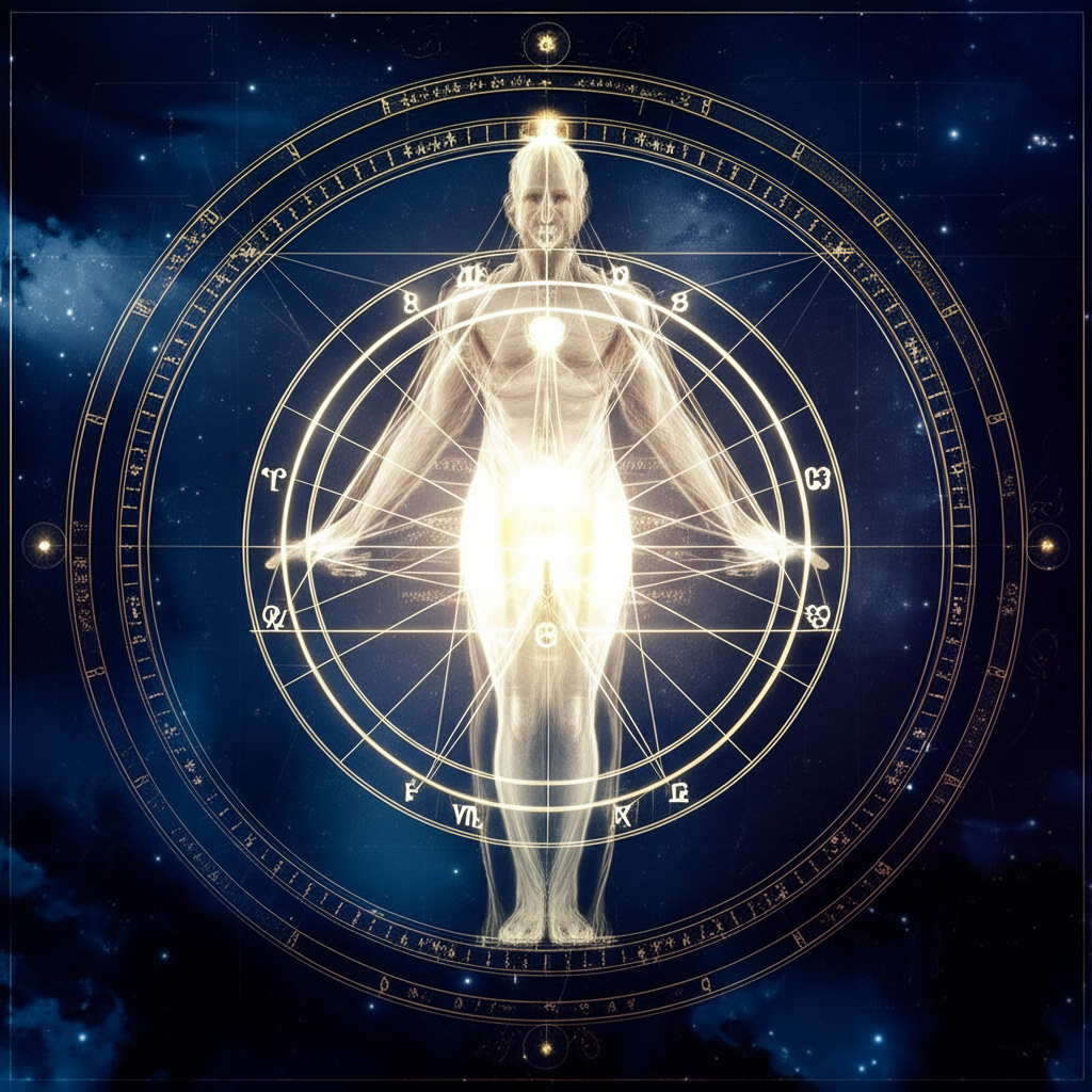 Символическое изображение, где медицинская астрология связывает зодиакальный круг с анатомией человека.