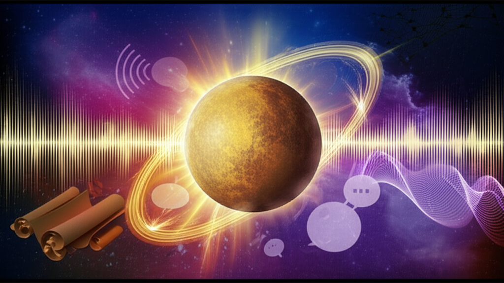 Художественное изображение планеты Меркурий с элементами, символизирующими общение: стилизованные речевые пузыри и световые траектории, демонстрирующие, как Меркурий влияет на общение.