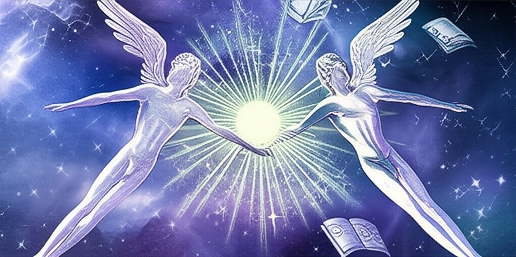 Изображение, символизирующее влияние Меркурия как правителя Близнецов, с планетой и двумя фигурами близнецов на фоне космического пейзажа.