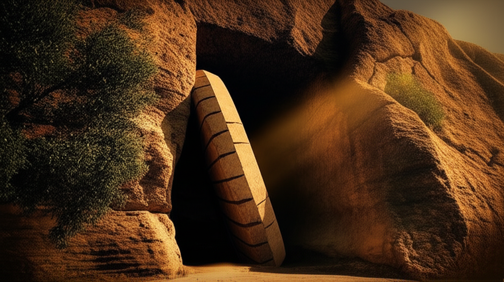 Древняя скальная гробница, возможное место захоронения Иисуса Христа, с отваленным от входа камнем.