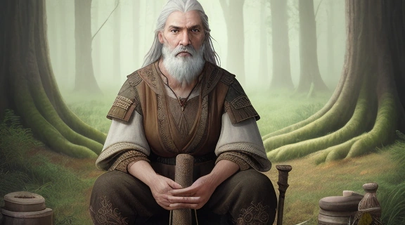 Изображение ведьмака и ворожеи древних славян, совершающих обряд в мистическом лесу на рассвете.