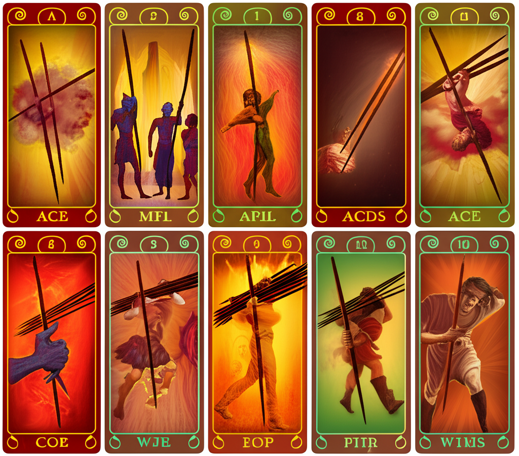 Динамичная иллюстрация, показывающая все младшие арканы таро жезлы значение, от Туза до Десятки, с различными сценами, отражающими энергию, страсть и действие каждой карты.