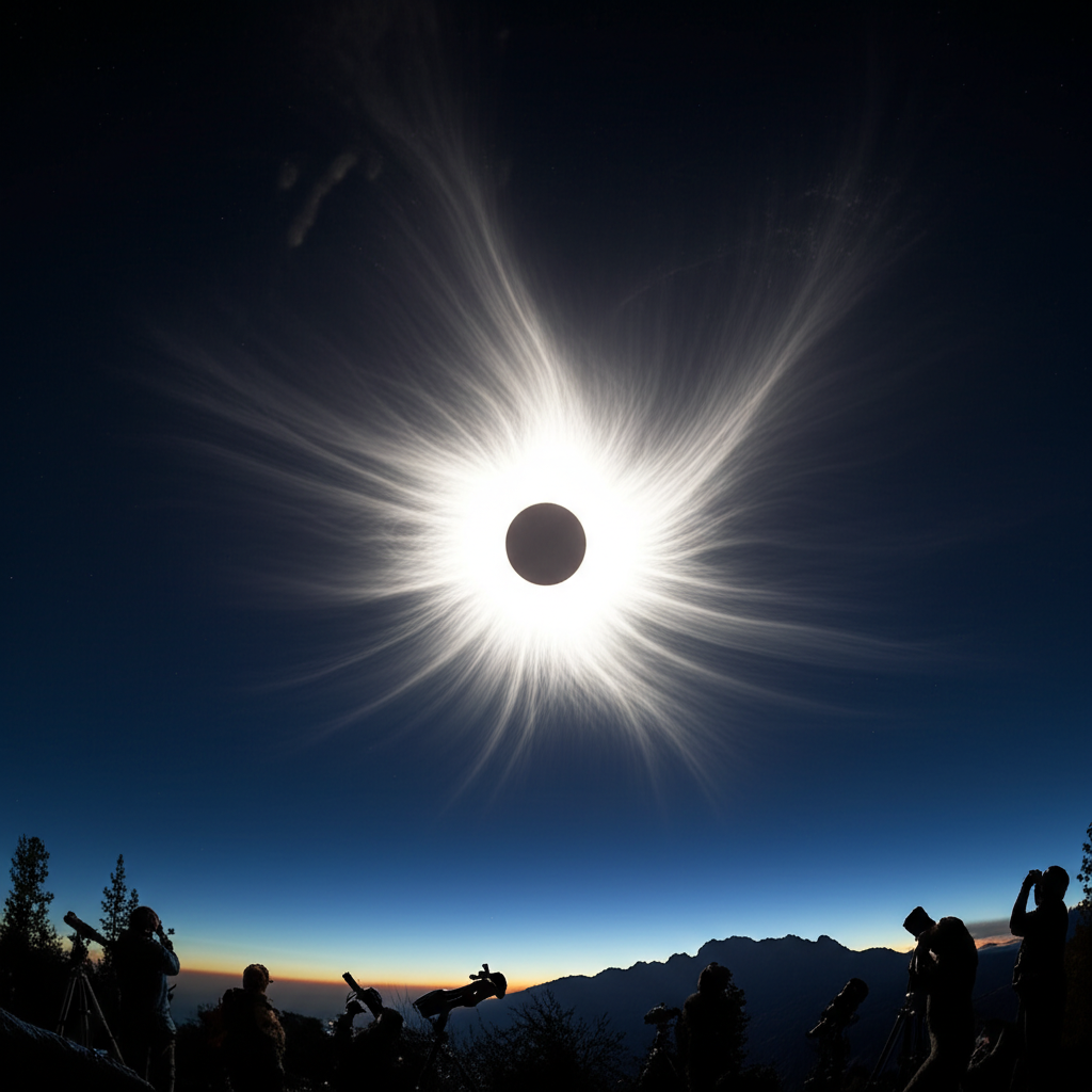 Завораживающее изображение полного солнечного затмения, демонстрирующее мерцающую корону Солнца на фоне сумеречного неба, подчеркивающее величие влияния солнечных затмений.