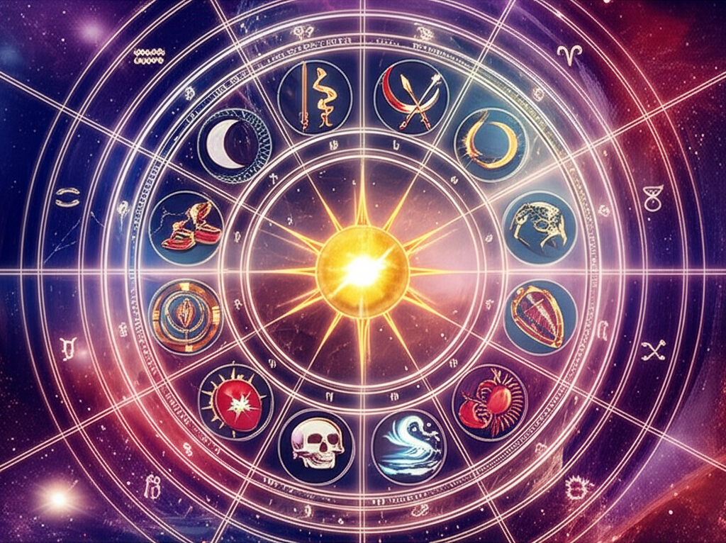 Иллюстрация астрологической натальной карты, демонстрирующая расположение и взаимосвязь <b>главных планет в гороскопе</b>, символизирующих различные аспекты человеческой личности.