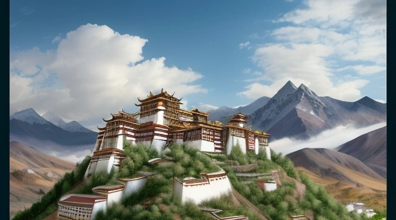 Величественный вид на монастыри Тибета, Дрепунг, на фоне заснеженных гор под золотистым закатным солнцем, с паломниками на переднем плане