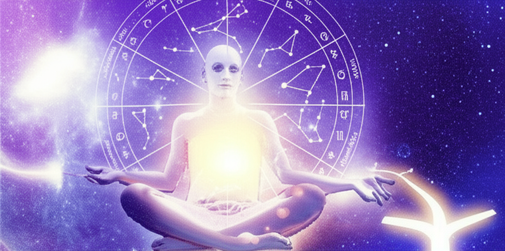 Человек, медитирующий на фоне натальной карты и звездного неба, размышляет о том, можно ли изменить судьбу по гороскопу.