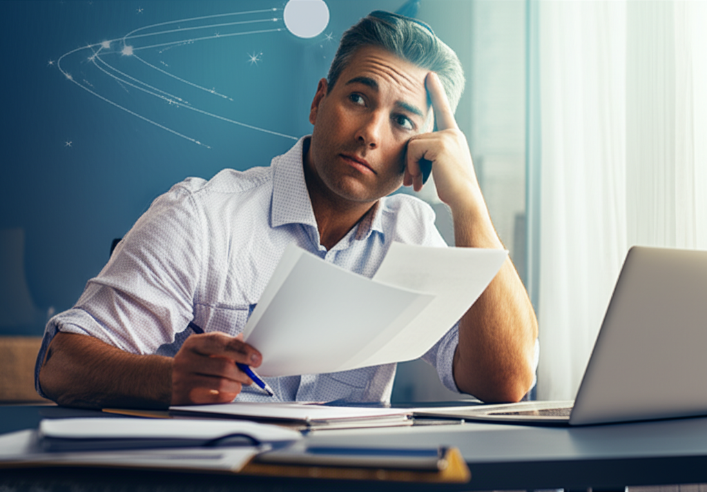 Изображение мужчины, размышляющего над документами, символизирующее вопрос, можно ли подписывать договоры при ретро Меркурии.