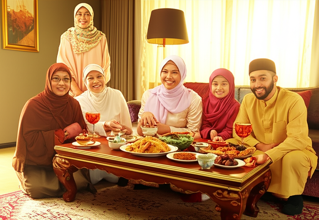 Мусульманские праздники: счастливая семья за столом во время торжества.