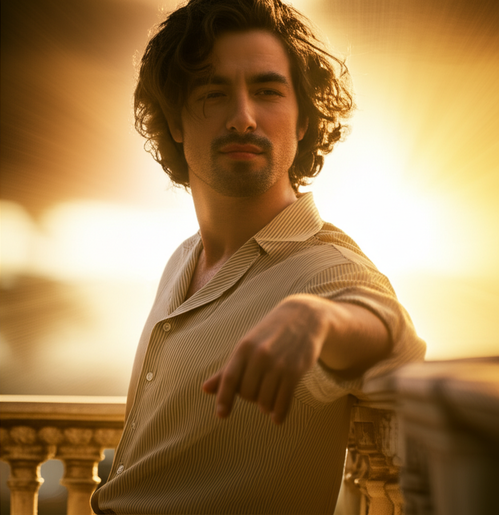 Мужчина-Лев в отношениях: уверенный и харизматичный мужчина с обаятельной улыбкой, излучающий тепло и гордость, символ его поведения в любви.