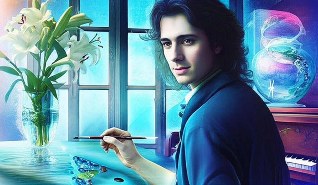 Мужчина-Рыбы, погруженный в творческий процесс, символизирующий его глубокое воображение и связь с искусством.