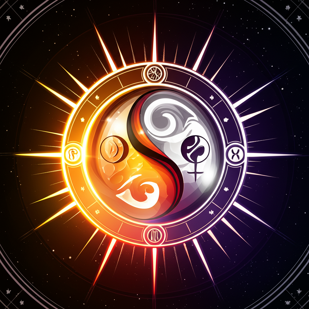 Астрологическая иллюстрация, где показаны мужские и женские планеты и их символы на фоне космоса