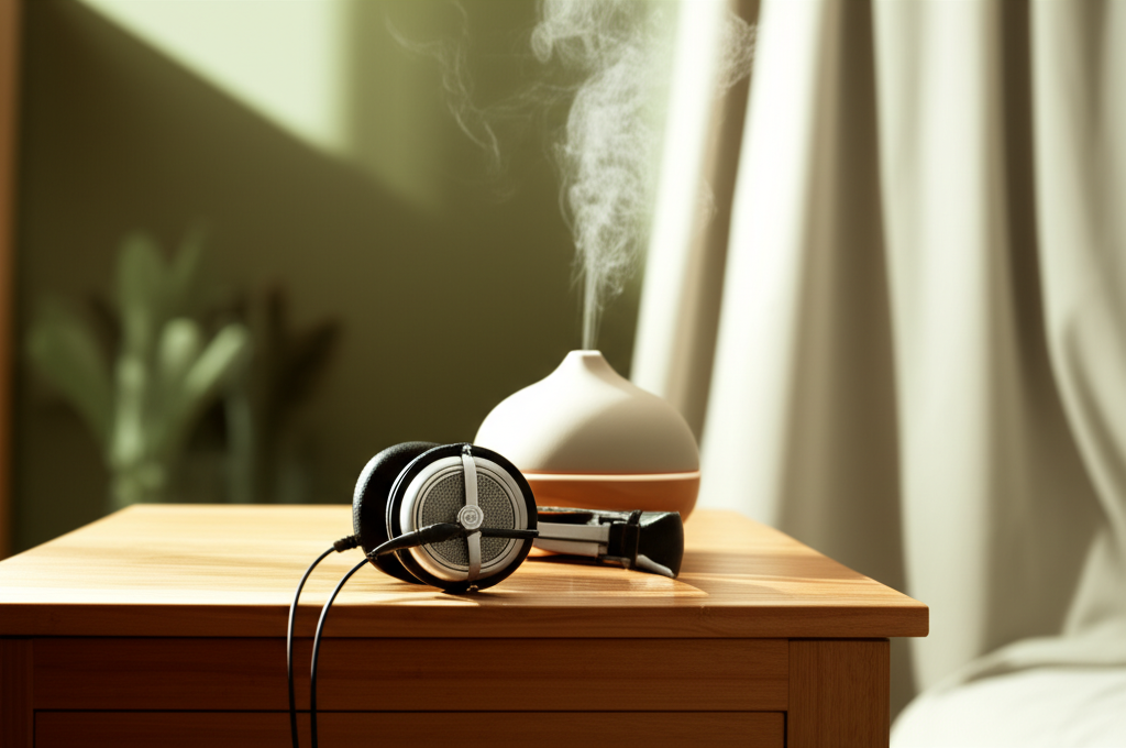 Умиротворяющая музыка для ароматерапии с белым диффузором и наушниками в лучах закатного солнца.