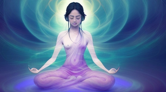 Человек медитирует, окруженный светящимися звуковыми волнами, символизирующими практику Нада-йога и внутреннюю гармонию.