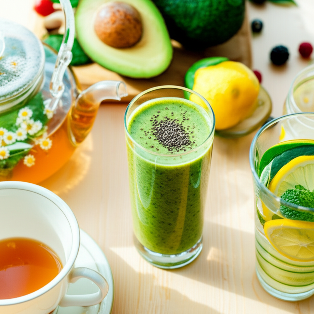 Красиво расставленные напитки для здоровья: зеленый смузи, травяной чай и вода с лимоном.