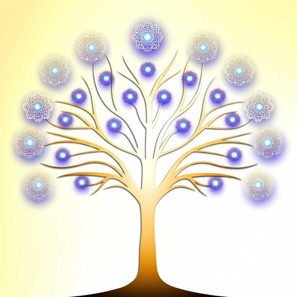 Символическое изображение, иллюстрирующее разные направления буддизма через образ дерева.