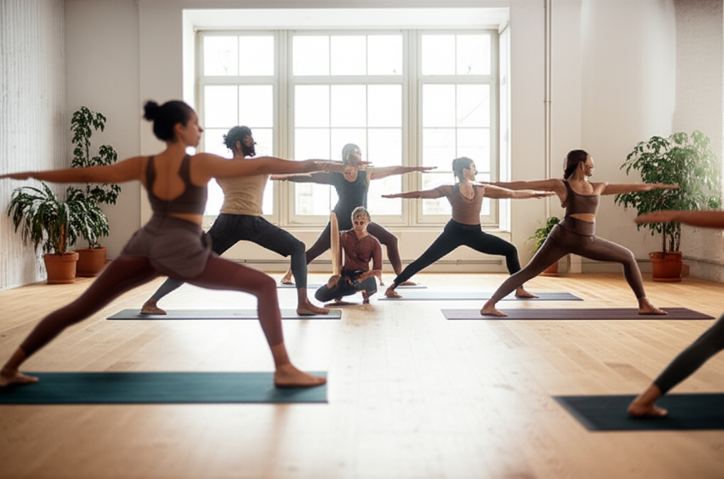 Разнообразные направления и школы йоги, представленные группой людей на занятии в светлой студии.