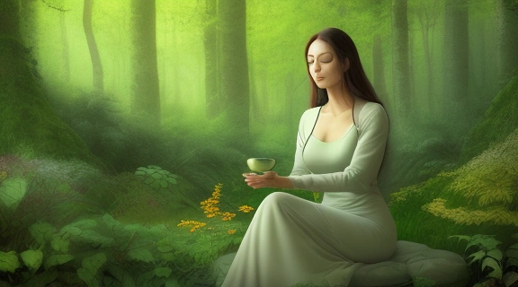 Спокойная фигура человека, окруженного природой, символизирующая применение народные средства от депрессии и гармонию.