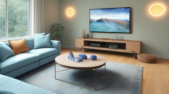 Уютная гостиная с включенным телевизором, где можно настроить телевизор для знака зодиака, согласно индивидуальным предпочтениям зрителя.