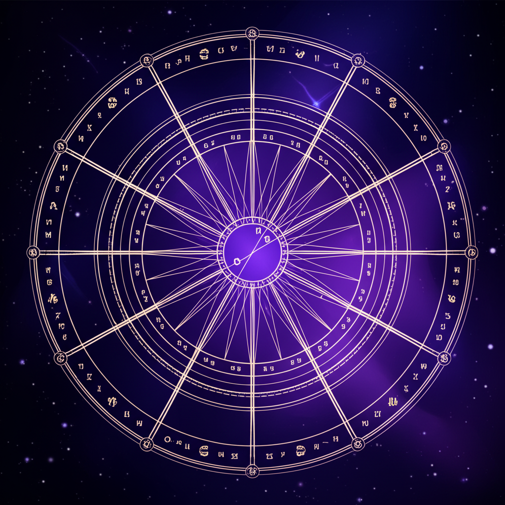 Стилизованное изображение, иллюстрирующее структуру natal chart с планетами и знаками зодиака.