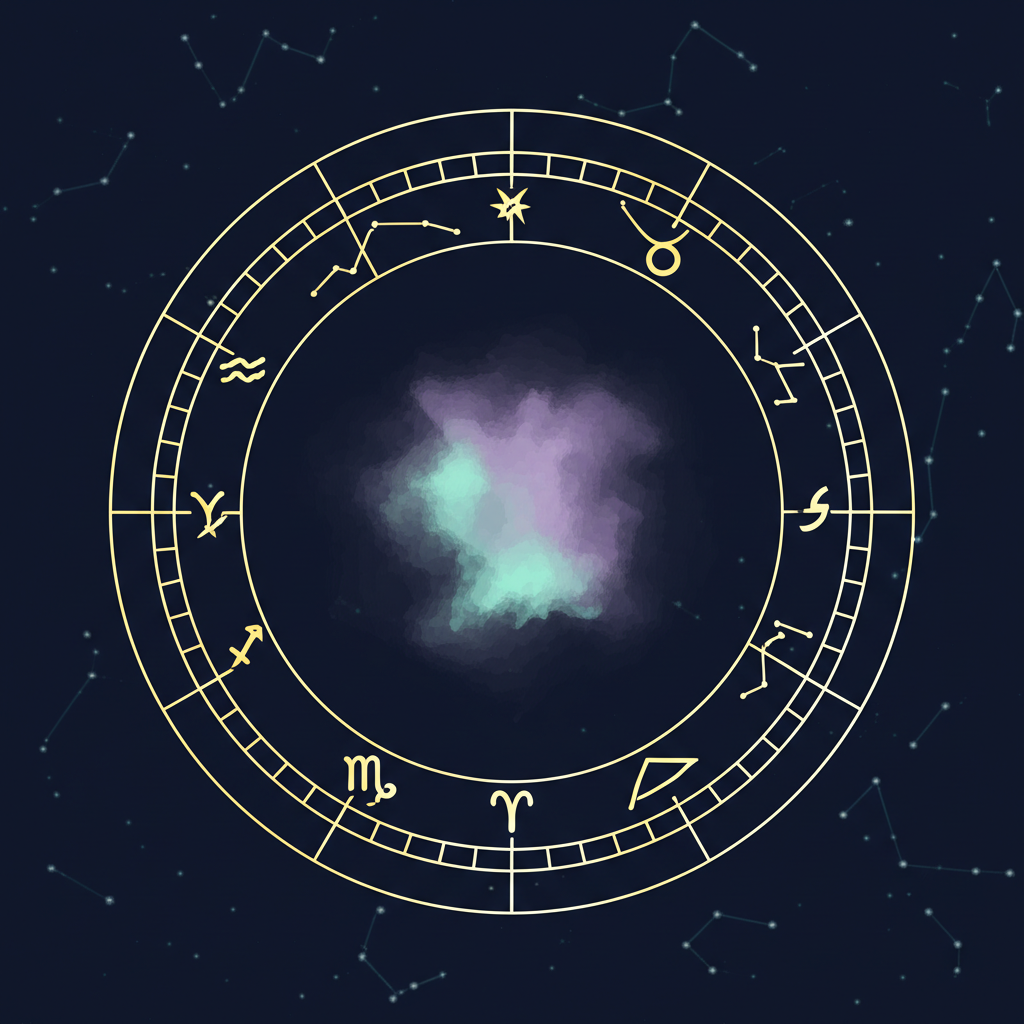 Стилизованная натальная карта без времени рождения с планетами в знаках зодиака и светящимся центром.