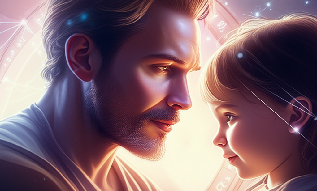 Заботливый мужчина взаимодействует с ребенком на фоне стилизованной натальной карты, символизируя глубокие аспекты натальная карта для мужчины отцовство.