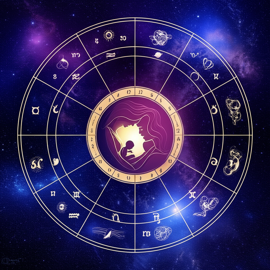 Изображение натальной карты для женщины, символизирующей глубины материнства и космическую связь.
