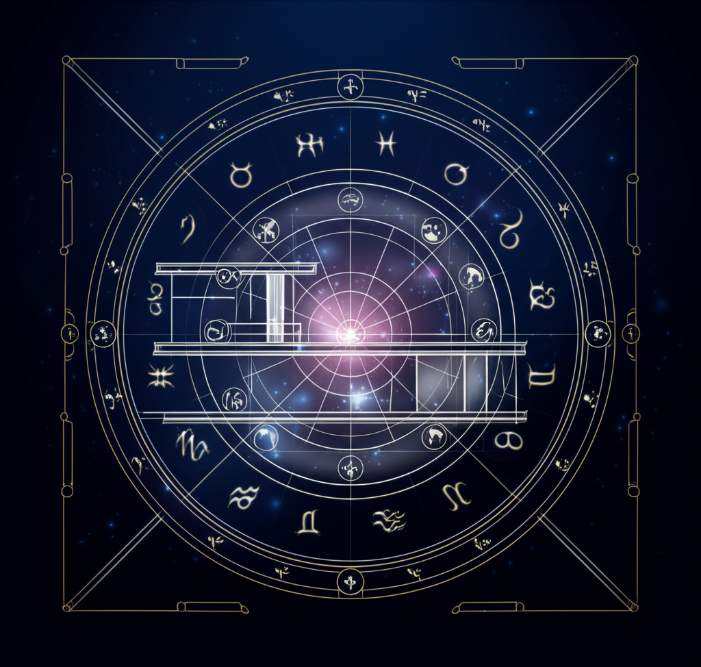 Астрологический круг и планеты наложенные на чертеж, что символизирует как работает натальная карта дома.