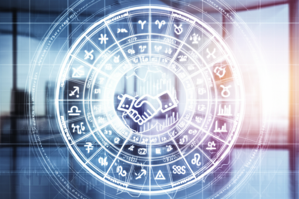 Натальная карта и бизнес выбор направления, представленная в виде светящегося астрологического круга, наложенного на абстрактный деловой фон.