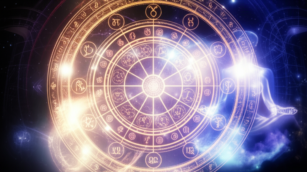 Мистическая иллюстрация, где натальная карта и духовное развитие представлены как путь к самопознанию, с парящими планетарными символами и медитирующей фигурой на фоне космического пейзажа.