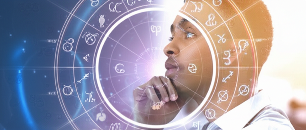 Изображение демонстрирует натальную карту, парящую над человеком, обдумывающим свой выбор профессии, символизируя поиск карьерного пути через астрологию.