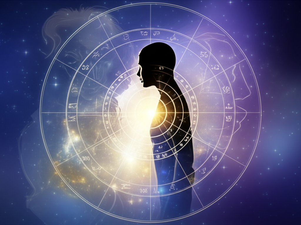 Мистическое изображение, символизирующее влияние натальной карты на отношения с родителями, с астрологическими символами и фигурами родителей на фоне звездного неба.